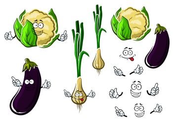 Fresh cauliflower, green onion and purple eggplant vegetables cartoon characters with sappy bright leaves for cook, vegetarian food or agriculture design. Cauliflower, onion and eggplant vegetables