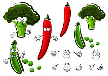 Green pea pod, broccoli and red chilli pepper vegetables cartoon characters with smiling faces. For vegetarian food or agriculture theme. Green pea, broccoli and chilli pepper