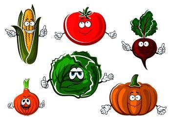 Autumnal red tomato, corn cob, onion, cabbage, beet and orange pumpkin vegetables cartoon characters for vegetarian food or agriculture themes. Happy autumnal vegetable cartoon characters