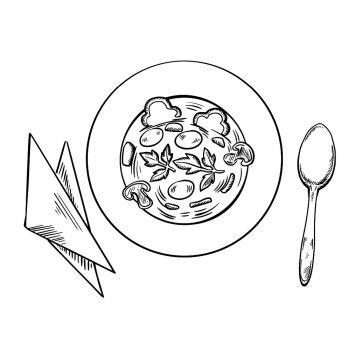 Vegetarian soup with sliced mushroom, carrot, bell pepper vegetables and fresh parsley in plate with spoon and napkins, sketch style. Vegetarian soup with spoon and napkins