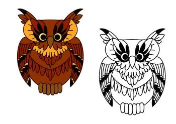 Little cartoon brown owlet, with colorful and outline owl birds. For Halloween or tattoo themes design. Little cartoon brown owl bird