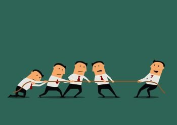 Successful and powerful businessman competing with group of businessmen in a tug of war battle, for leadership or business competition concept design. Cartoon flat style. Businessman tug of war with group