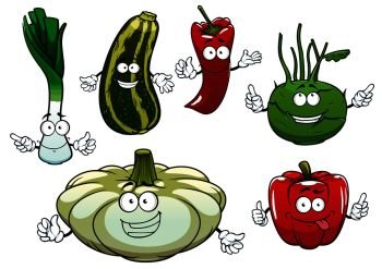 Healthy cartoon red bell and chilli peppers, green striped zucchini, onion, kohlrabi and white pattypan squash vegetable characters. For fresh vegetarian food or agriculture themes. Pepper, zucchini, kohlrabi, squash and onion
