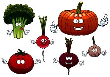 Cartoon isolated funny vegetable characters with happy faces and waving arms including beetroot, broccoli, radish, pumpkin, tomato and garlic, isolated on white. Cartoon isolated funny vegetable characters