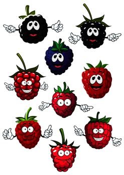 Funny cartoon ripe red strawberry, blue blueberry and black blackberry fruits characters isolated on white background. Funny raspberry, blueberry and blackberry