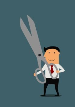 Happy businessman with a large pair of sharp scissors in his hands. Businessman with a large pair of sharp scissors