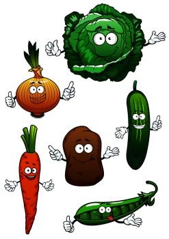 Fresh cartoon green cabbage, cucumber and pea, sweet orange carrot, onion and potato vegetable characters, for agriculture or vegetarian food themes. Fresh healthful vegetables cartoon characters
