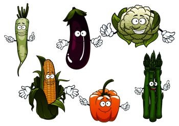Organic farm corn cob, orange bell pepper, eggplant, cauliflower, daikon and bunch of asparagus vegetables cartoon characters for agriculture harvest and food themes. Cartoon organic farm vegetables characters
