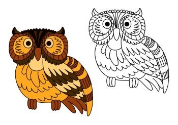 Cartoon brown short eared owl with barred wings and tail, second variant in outline style. Cartoon brown short eared owl 