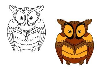 Cartoon owl with retro stylized brown and yellow feathers and facial disk including another variant with colorless outline bird, for Halloween theme design. Owl with retro stylized brown feathers