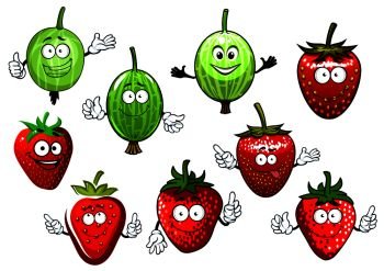 Sweet red strawberry and juicy green gooseberry fruits cartoon characters with happy smiling faces, for healthy and dessert  food theme. Cartoon strawberry and gooseberry fruits