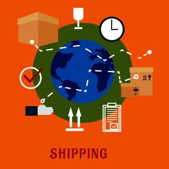 International shipping service flat icons with cardboard boxes with packaging symbols, order list and clock with globe on the background and caption Shipping below