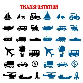 Flat transportation icons set with cars, buses, train, trucks, ship, airplane, motorcycle, sailboat, compass, tractor, helicopter, rocket, submarine, hot air balloon and spaceship