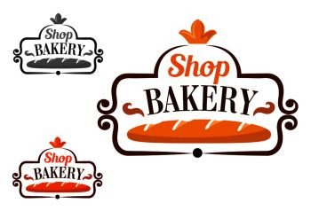 Bakery shop emblem or signboard design with long loaf of wheat bread, framed by cartouche with crown on the top