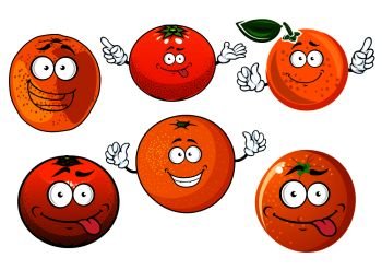 Sweet juicy oranges fruits cartoon characters with bright peel and joyful teasing faces, for agriculture or food design. Cartoon ripe juicy orange fruits characters