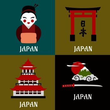 Japanese culture, religion and traditions flat icons with pagoda, Fuji mountain landscape, katana sword, geisha and tori gate. Travel theme elements. Japanese culture and religious flat icons