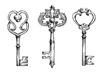 Vintage ornate filigree keys or skeletons, decorated by metal scroll-work and swirls. Sketch illustrations. Sketches of vintage keys or skeletons