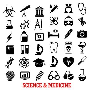 Science and medicine flat icons with ambulance hospital, test tube doctor microscope book pills dna, atom, flask, stethoscope, syringe, heart, cardiology, drugs, tooth, glass, globe and telescope. Science and medicine flat icons