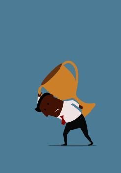 Exhausted cartoon african american businessman carrying on back a large heavy trophy cup. Businessman carries on back a heavy trophy cup