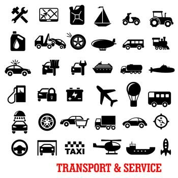 Transportation and car service black flat icons with car, truck, wheel, train, buses, ships, repair, motorcycle, airplane, helicopter, oil, taxi, tire, balloon sale wash tow sailboat fuel station traffic police submarine. Transportation and car service flat icons