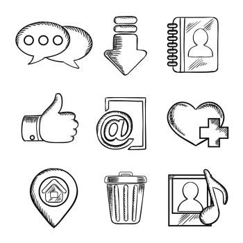Multimedia and social media sketched icons with chat, download, notebook, like, e-mail, navigation, favorite, media and bin symbols. Multimedia and social media sketched icons