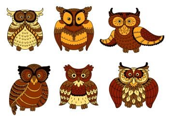 Cartoon forest owl birds with brown and yellow spotted plumage and big eyes. Cute mascot for Halloween, education emblem or t-shirt print design 