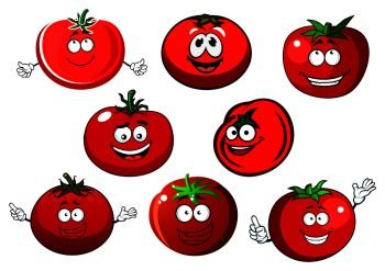 Happy cartoon ripe red tomato vegetables characters with curly green stalks. Agriculture harvest, vegetarian food and healthy nutrition usage