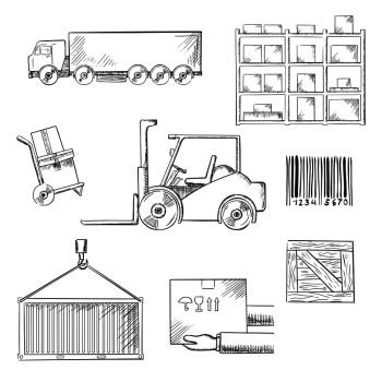 Delivery and shipping icons with truck, crate, barcode, container, shelving, loader and wooden box. Sketch style. Delivery and shipping sketch icons