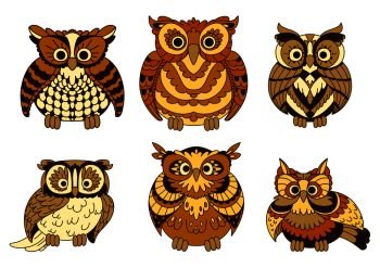 Different decorative cute brown cartoon owls birds with funny plumage facing the viewer. Isolated on white vector. Cute brown cartoon owls birds