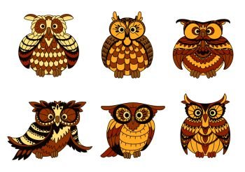 Cartoon owls birds with brown and yellow plumage, ornamental facial discs and ear tufts. Cute birds may be used in children book illustration, Halloween party or education theme. Vector animals. Cartoon owls with brown and orange plumage