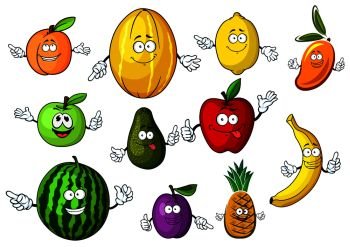 Healthy sweet red and green apples, peach, lemon, banana, pineapple, plum, watermelon, mango, avocado and melon fruits cartoon characters. Addition to recipe book, menu, kitchen or dessert food. Cartoon funny garden and tropical fruits 