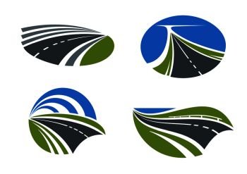 Modern paved roads and speed highways passing among scenic nature landscapes with green fields, lake and bright blue sky above. Isolated transportation symbols for travel design. Roads and highways icons with nature landscapes