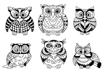 Cartoon colorless old wise great horned owls birds with curly plumage. Decorative birds for children book, Halloween design or mascot usage. Cartoon colorless great horned owls birds