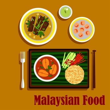 Malaysian cuisine dinner flat icons with nasi lemak rice with cucumber, carrot and pepper sticks and fish curry, served on banana leaf, beef rendang, shrimp with sesame and green tea. Flat vector. Malaysian cuisine traditional dinner icons