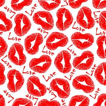 Lip prints and love seamless pattern with red heart shaped woman lipstick pattern and text Love. Lip prints and love seamless pattern