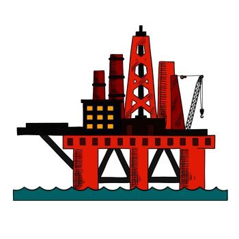 Colorful sketch of sea oil platform rising above the sea drilling for offshore oil. Industrial design. Colorful sketch of sea oil platform