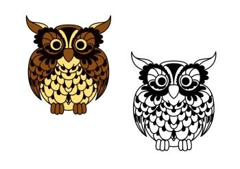 Vintage cartoon and outline colorless owl bird with brown openwork plumage and ornamental feathers around eyes. Great for education mascot, nature symbol or t-shirt print design. Brown cartoon and outline colorless owl bird