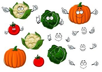 Colorful cartoon autumnal juicy red tomato, green crunchy cabbage, ripe orange pumpkin and head of cauliflower vegetable characters. Addition to agriculture harvest or vegetarian salad recipe design. Cartoon tomato, cabbage, pumpkin and cauliflower
