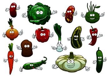 Happy vegetables cartoon characters with fresh potato, carrot, red chilli and bell peppers, onion, cucumber, green pea, cabbage, zucchini, brown beans, kohlrabi, leek and pattypan squash . Happy cartoon fresh vegetables characters