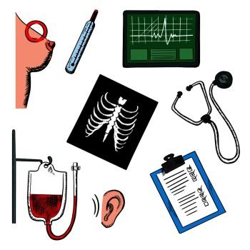 Medical diagnostics icons with chest x-ray, thermometer, blood test, stethoscope, hearing test, ecg, breast cancer test and clipboard with monitoring results for healthcare concept design. Diagnostics and medical test icons