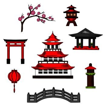 Japan travel and culture icons of traditional japanese pagoda with red roof surrounded by sakura blossoms, torii gate, paper lantern, columns, temple and bridge. Japan travel and culture cions