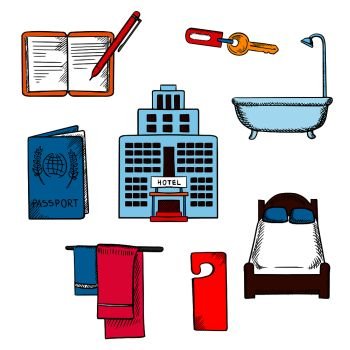 Hotel service and travel objects with room key, bed and bathroom, passport and booking, not disturb sign and towels. Hotel service and travel objects