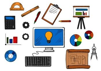 Online business idea, inspiration and research concept with computer surrounded by icons of analysis, accounting, maths, books, presentation, gear, disk, paperwork and brainstorm. Online inspiration, idea and research concept