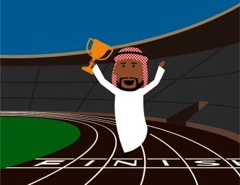 Excited happy cartoon arabian businessman on the finish line with golden trophy cup in raised hands. Business competition, career, victory, success and winner business concept. Arabian businessman wins the trophy