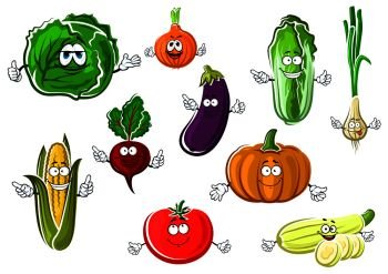 Cartoon red tomato, onion, eggplant, corn cob, cabbage, zucchini, sweet orange pumpkin, beet, green onion and chinese cabbage vegetables. Vector healthy veggies characters. Happy appetizing cartoon isolated vegetables