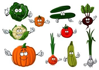 Fresh crunchy green cucumbers and cabbage, ripe red tomato and purple beet, sweet orange bell pepper and pumpkin, juicy zucchini and cauliflower, spicy onion and scallion vegetables cartoon characters. Fresh and tasty cartoon farm vegetables