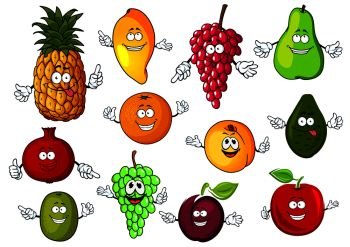Cartoon orange, red apple, pear, peach, green and red grapes, pineapple, kiwi, mango, plum, pomegranate and avocado fruits. Fresh tropical and garden fruits characters. Happy cartoon fresh tropical fruits