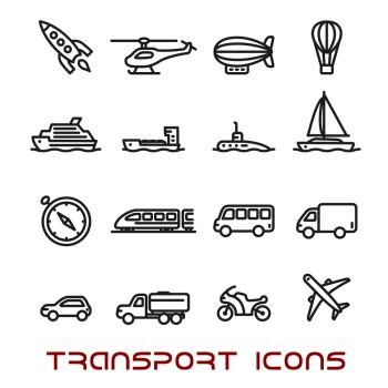Transportation thin line icons set with car, bus and train, truck and ship, airplane and motorcycle, yacht and compass, tractor and helicopter, rocket and submarine, hot air balloon and airship . Thin line transportation icons set