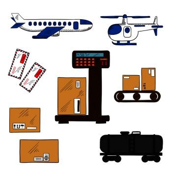 Air and rail freight service icons with airplane and helicopter, tank wagon, letters and delivery boxes with packaging signs on a scales and a conveyor belt. Air and rail freight service elements