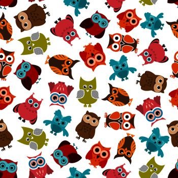 Colorful funny owls birds seamless pattern for fabric, interior or any another background design. Colorful owls birds seamless pattern